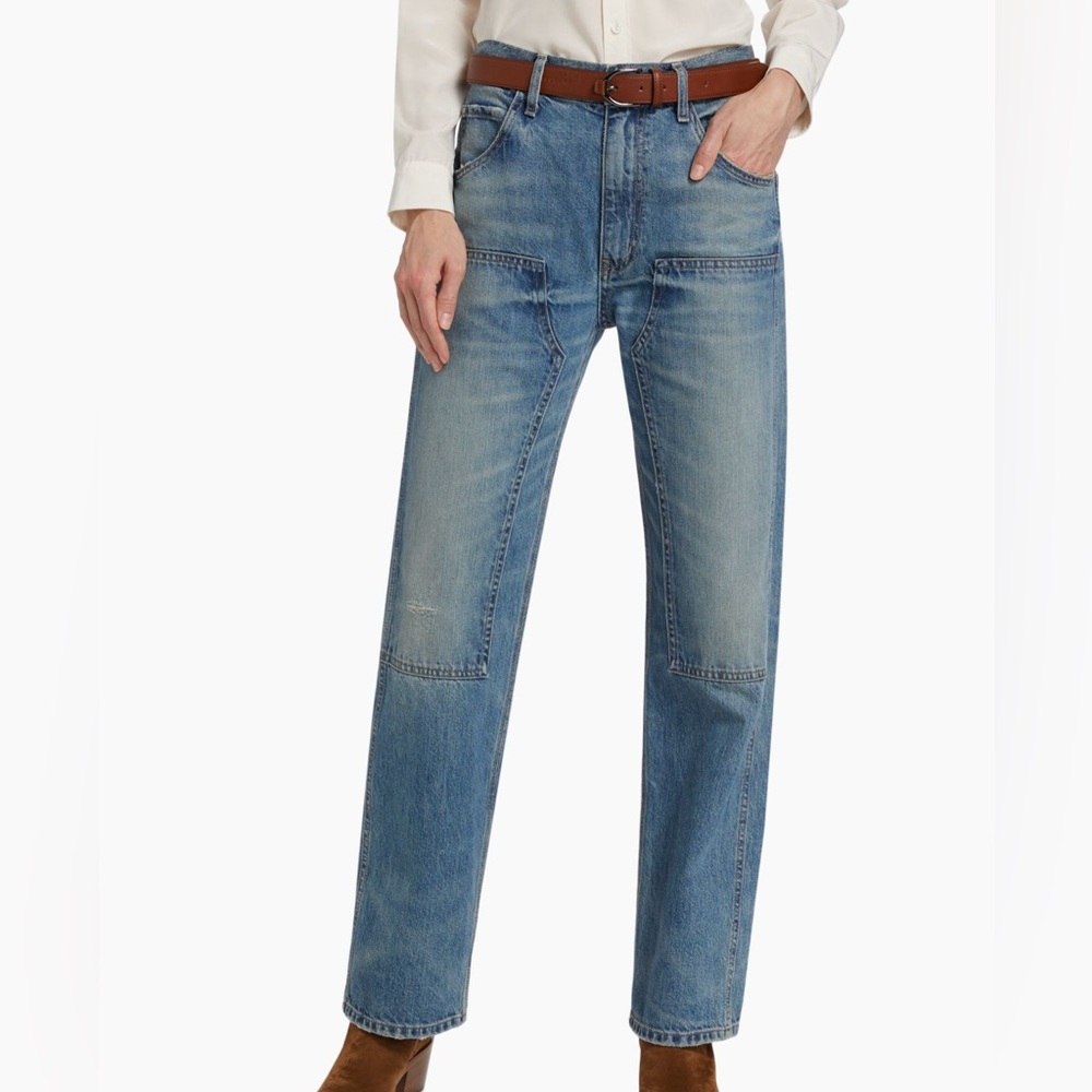 Nili Lotan welder Jean Summer Wash Blue Flare Size 30 high rise Long